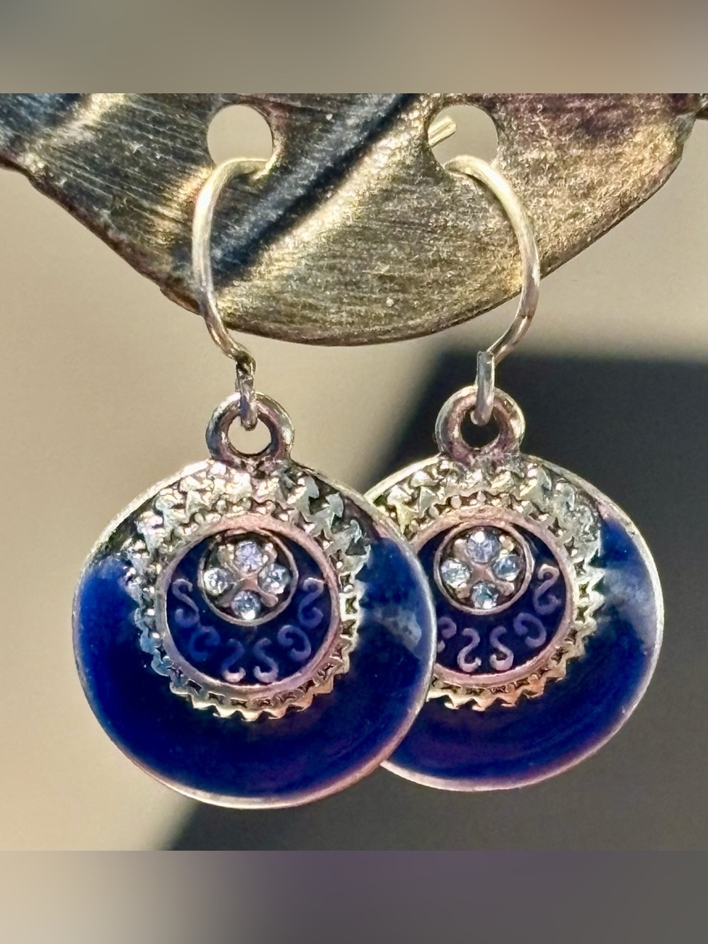 Cobalt Blue Enamel Disc Drop Earrings Boho Silver Tone Rhinestone Geometric